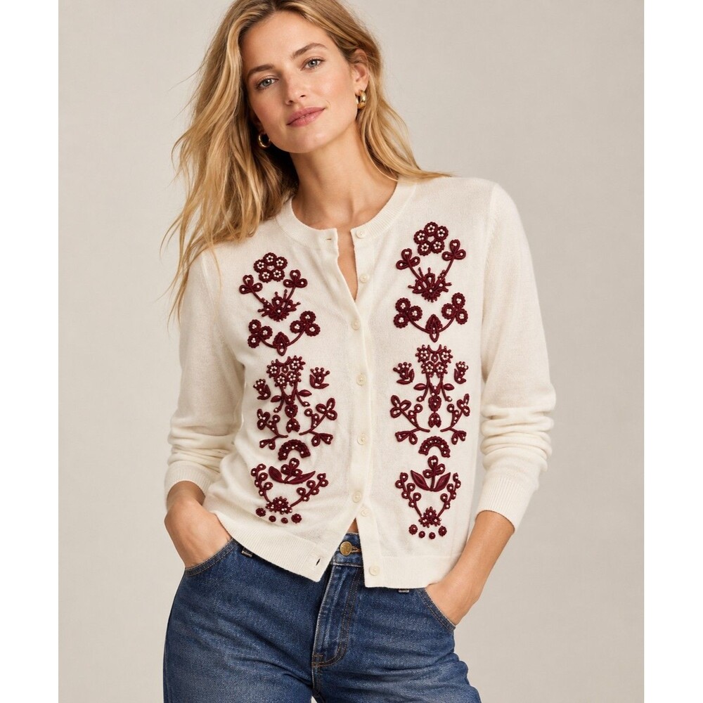 NWT J. Crew Embroidered Beaded Floral Cardigan Sweater Women’s L Ivory Burgundy